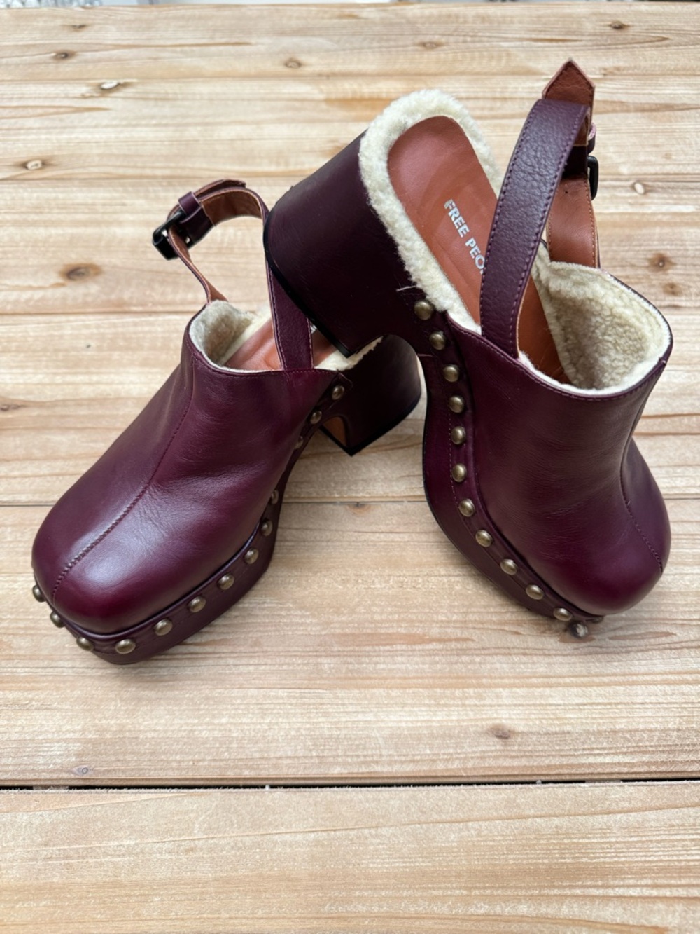 Free People Wine Leather Shearling-Trim Studded Clogs